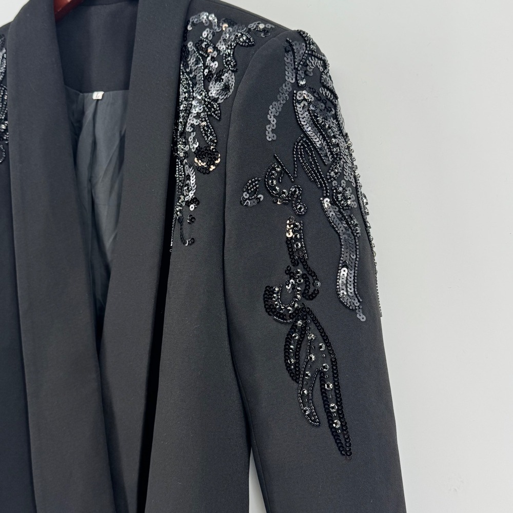Miss Rosier Women Black Sequin‎ Beaded Embellished Blazer Dress Size L New - Picture 3 of 12